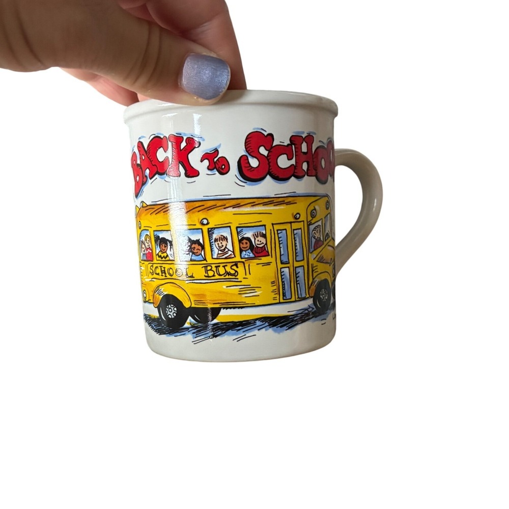 Vintage Back To School Mug White Cartoon Yellow School Bus L Croft